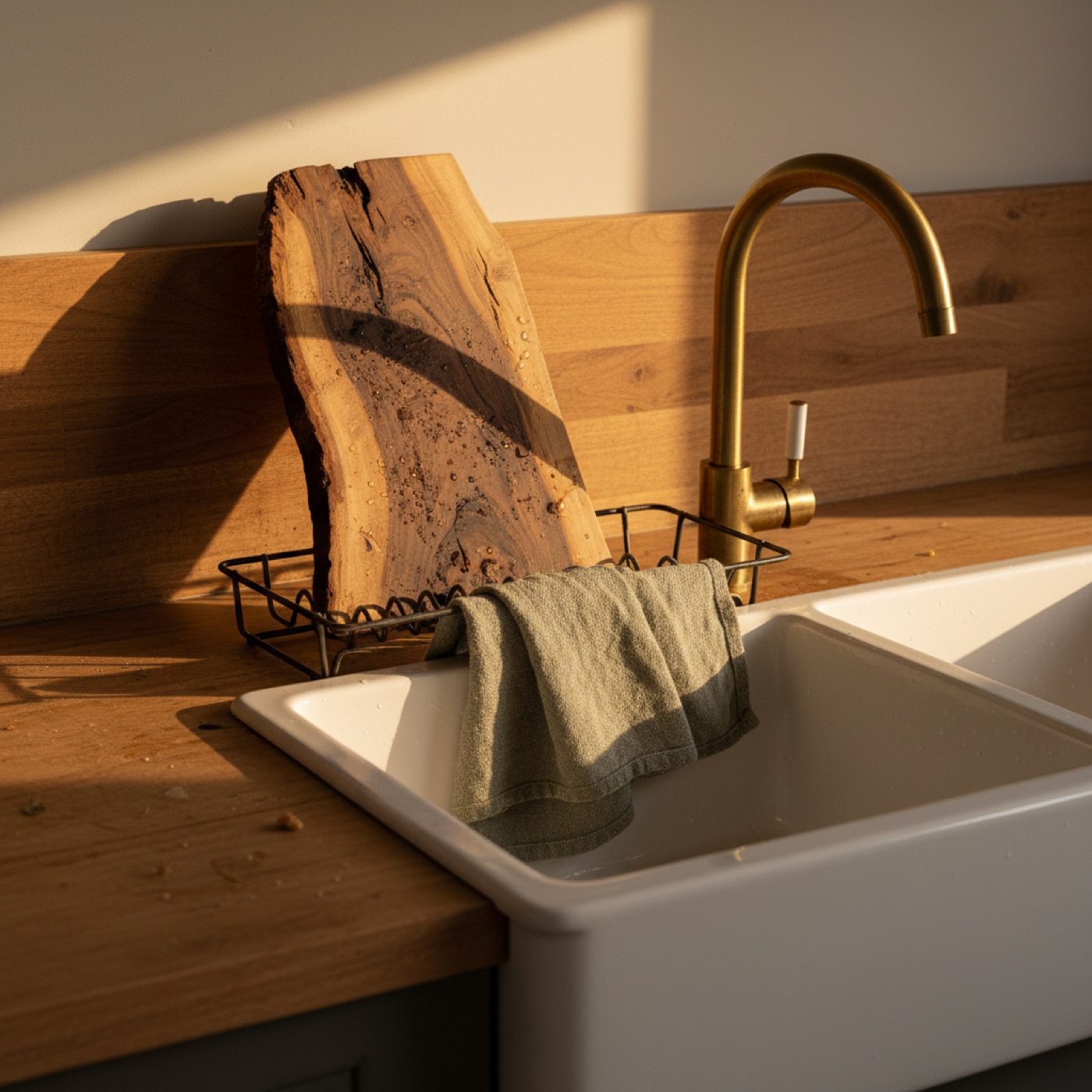 A timber board and linen cloth drying beside a sink