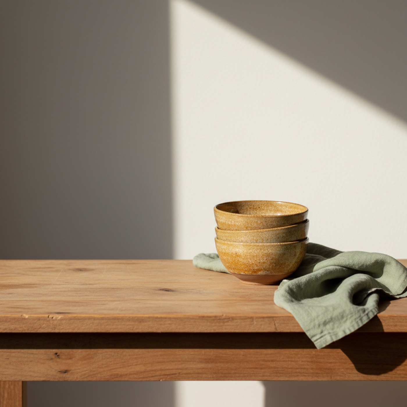 Stoneware bowls and linen on a timber table in morning light