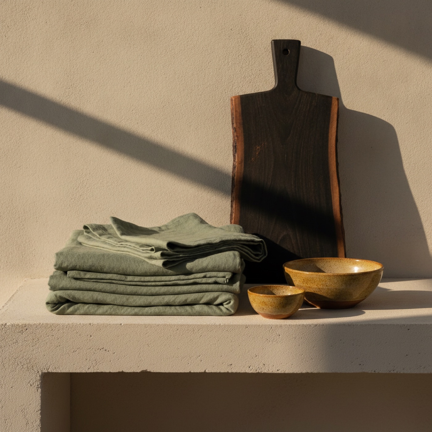Folded linen and stoneware stacked on a timber bench